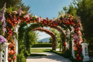 a wedding arch made of flowers in the middle of a garden. AI-Generated photo