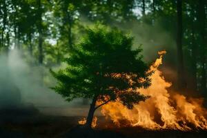 a tree is burning in the forest. AI-Generated photo