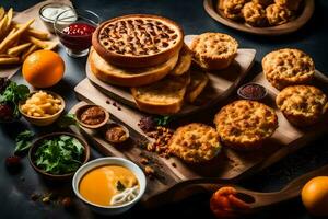 a variety of food items on a wooden board. AI-Generated photo