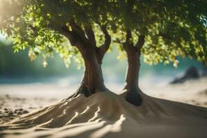 two trees are standing in the sand. AI-Generated photo