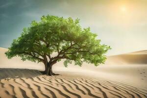 a tree in the desert with sand dunes. AI-Generated photo