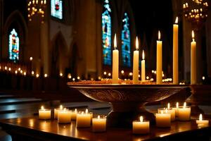 velas son iluminado en frente de un Iglesia altar. generado por ai foto