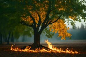 a tree with flames around it in the middle of a field. AI-Generated photo