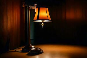 a lamp on a table in a dark room. AI-Generated photo