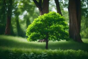 a tree in the middle of a green forest. AI-Generated photo