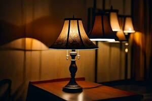 a lamp on a table in a dark room. AI-Generated photo
