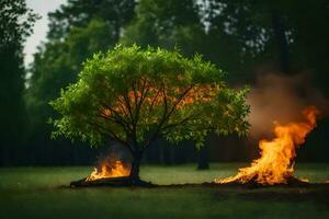 a tree is burning in the middle of a field. AI-Generated photo