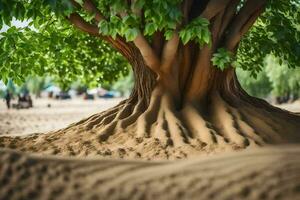 a tree with roots growing out of the sand. AI-Generated photo