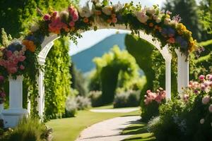 a beautiful archway with flowers and greenery. AI-Generated photo