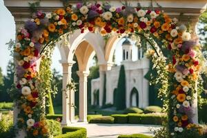 un Boda arco decorado con flores generado por ai foto