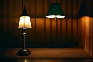 un lámpara y un mesa lámpara en un oscuro habitación. generado por ai foto