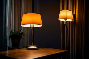 two lamps on a table in front of a curtain. AI-Generated photo
