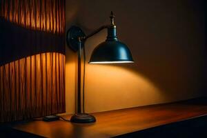 a lamp on a table in a dark room. AI-Generated photo