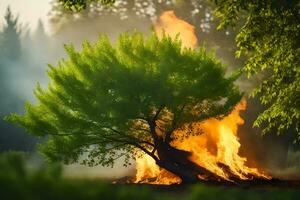 un árbol es ardiente en el medio de un bosque. generado por ai foto