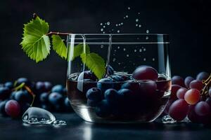 grapes in a glass with ice and water. AI-Generated photo