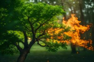 a tree with flames coming out of it. AI-Generated photo