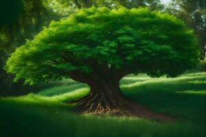 un árbol en el medio de un verde campo. generado por ai foto