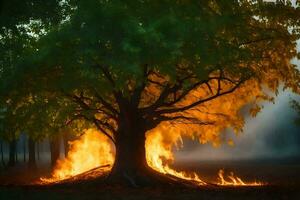 a tree with flames coming out of it in the middle of the forest. AI-Generated photo