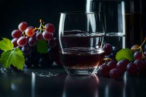 a glass of wine and grapes on a black background. AI-Generated photo