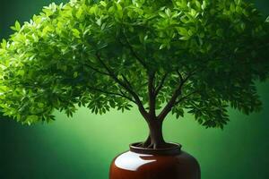 a green tree in a vase on a green background. AI-Generated photo