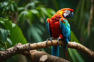 a colorful parrot sits on a branch in the jungle. AI-Generated photo