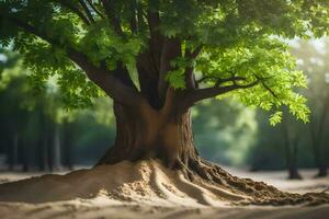 un árbol con raíces creciente fuera de el suelo. generado por ai foto