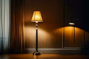 a lamp is on a wooden floor in front of a curtain. AI-Generated photo