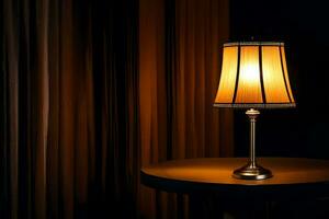 a lamp on a table in front of a curtain. AI-Generated photo