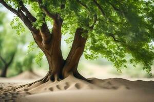 a tree in the desert with sand and trees. AI-Generated photo