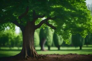 a tree in a field with green leaves. AI-Generated photo