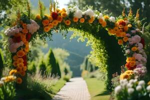 un flor arco en un jardín. generado por ai foto