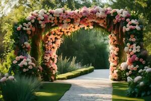 a walkway with flowers and greenery. AI-Generated photo