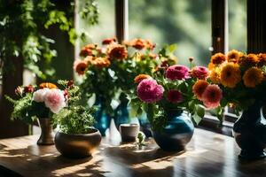 flowers in vases on a table. AI-Generated photo