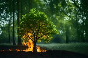 a tree is burning in the middle of a forest. AI-Generated photo