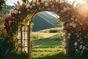 a flower archway in the middle of a field. AI-Generated photo