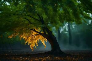 un árbol en el niebla con un ligero brillante mediante él. generado por ai foto