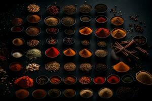 various spices and herbs in bowls on a black background. AI-Generated photo