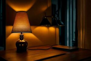 a lamp on a table in a dark room. AI-Generated photo