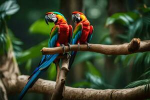 dos vistoso loros sentado en un rama en el selva. generado por ai foto