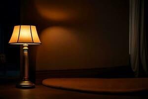 a lamp is sitting on a table in front of a door. AI-Generated photo