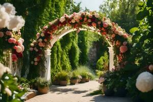 a wedding archway with flowers and greenery. AI-Generated photo