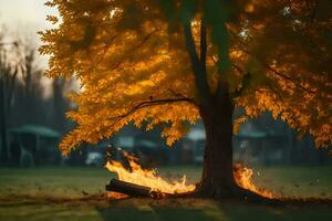 a tree with flames and leaves in the background. AI-Generated photo