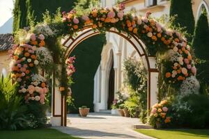 an archway with flowers and greenery in front of a house. AI-Generated photo