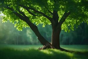 a tree is standing in the middle of a field. AI-Generated photo