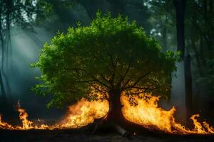 a tree is burning in the forest. AI-Generated photo