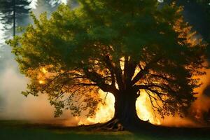 un grande árbol es ardiente en el césped. generado por ai foto