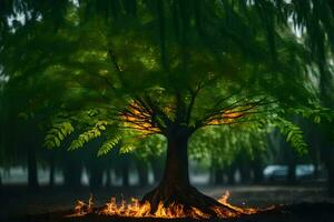 un árbol con llamas y fumar viniendo desde él. generado por ai foto