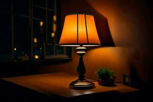 a lamp on a table in front of a window. AI-Generated photo