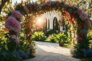 a beautiful archway with flowers and greenery. AI-Generated photo