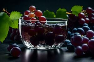 a glass of wine with grapes on a dark background. AI-Generated photo